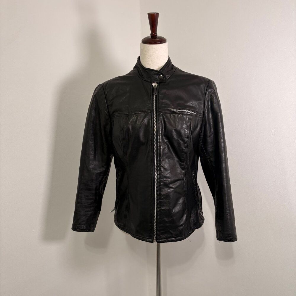 Vintage 70s Black Leather Motorcycle Jacket Sz 15